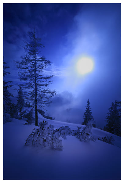 Moonlit snow at Steinplatte, Austria